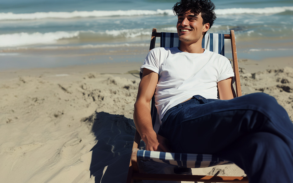 KI-generiertes Bild eines jungen Mannes am Strand. Er sitzt in einem Klappstuhl und trägt ein weißes Shirt und eine navy Leinenhose.