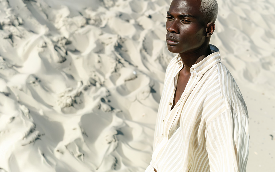 KI-generiertes Bild eines jungen Mannes am Strand. Er trägt ein weiß-beige-gestreiftes Leinenhemd.