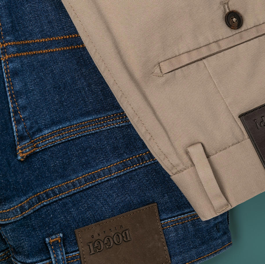 Detailaufnahme einer blauen Jeans & einer beigen Chino.