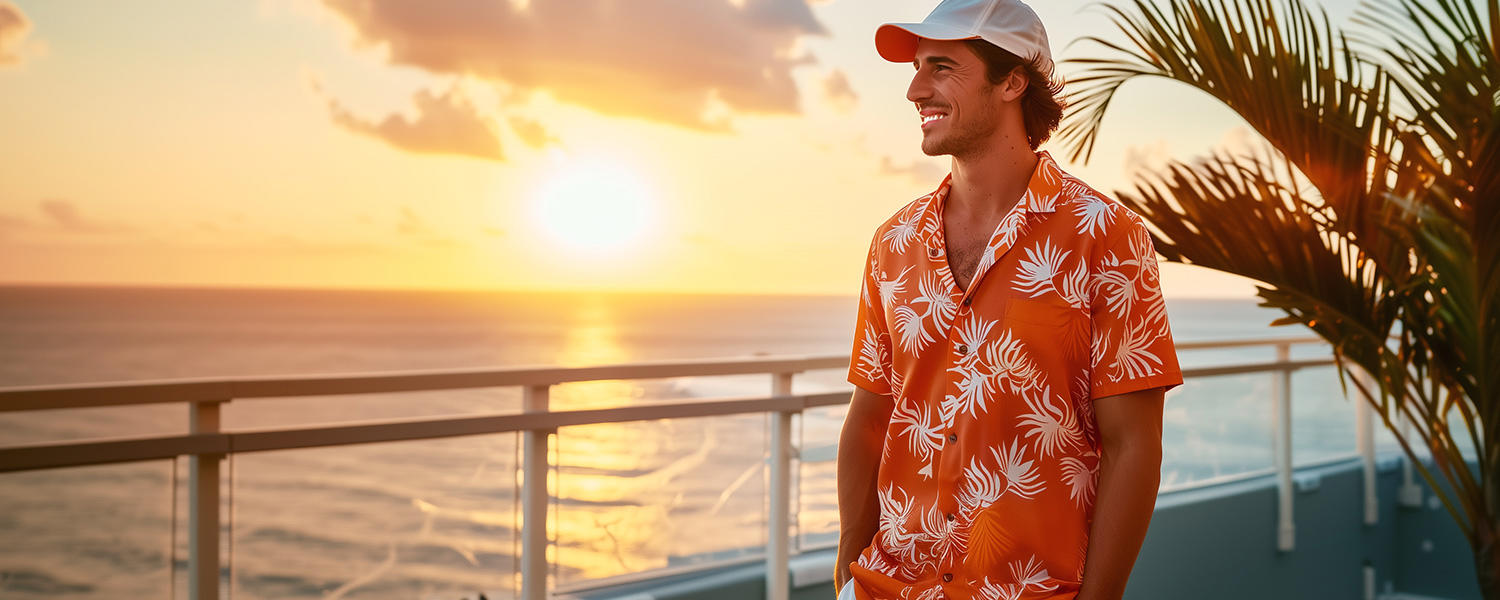 Ein junger lächelnder Mann steht auf einem Balkon und schaut über das Meer bei Sonnenuntergang. Er trägt ein knalloranges Hemd mit weißem Muster.