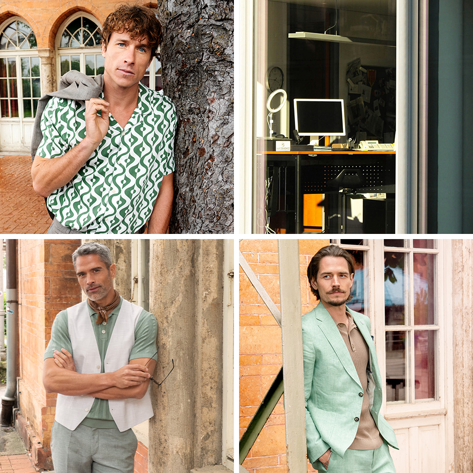 Drei Männer tragen sommerliche Business Outfits in heller, natürlicher Farbpalette. Links ein Mann mit grün-weiß gemustertem Hemd und grauer Hose, in der Mitte ein Mann im mintfarbenen Leinenanzug mit beigem Poloshirt, rechts ein Mann mit grünem Poloshirt, heller Weste und hellgrüner Hose. Die Kulisse besteht aus mediterraner Architektur mit Steinwänden und Bögen.