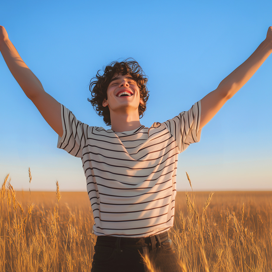 Ein KI-generiertes Bild von einem jungen Mann auf einem Feld. Er streckt glücklich die Arme zum Himmel. Er trägt ein weiß-schwarz-gestreiftes T-Shirt.
