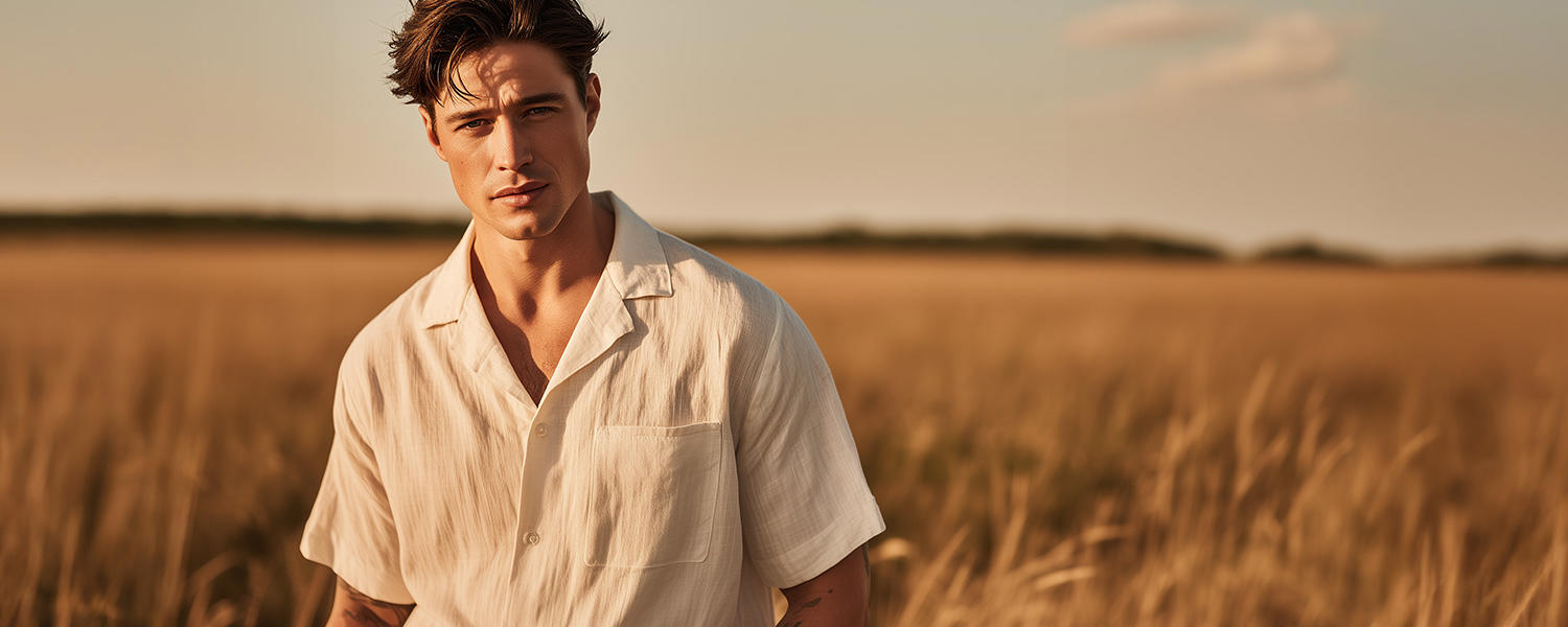 Ein KI-generiertes Bild von einem jungen Mann auf einem Feld. Er trägt ein weißes Kurzarmhemd aus Leinen.