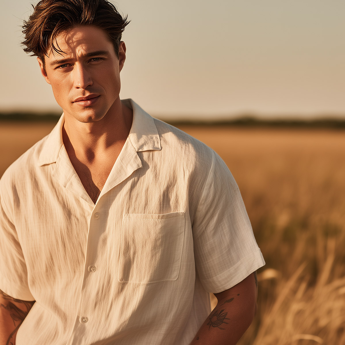 Ein KI-generiertes Bild von einem jungen Mann auf einem Feld. Er trägt ein weißes Kurzarmhemd aus Leinen.