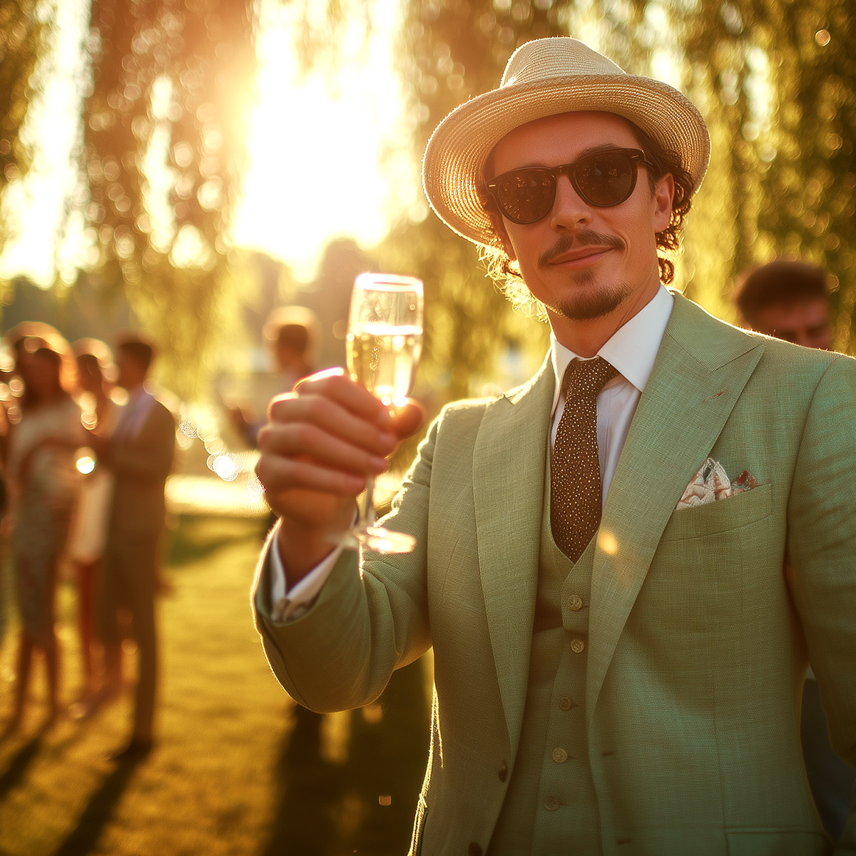 Ein KI-generiertes Bild von einem Mann auf einer Sommerhochzeit. Er trägt einen salbeigrünen Leinenanzug und einen Strohhut. Er hält ein Sektglas in die Kamera.