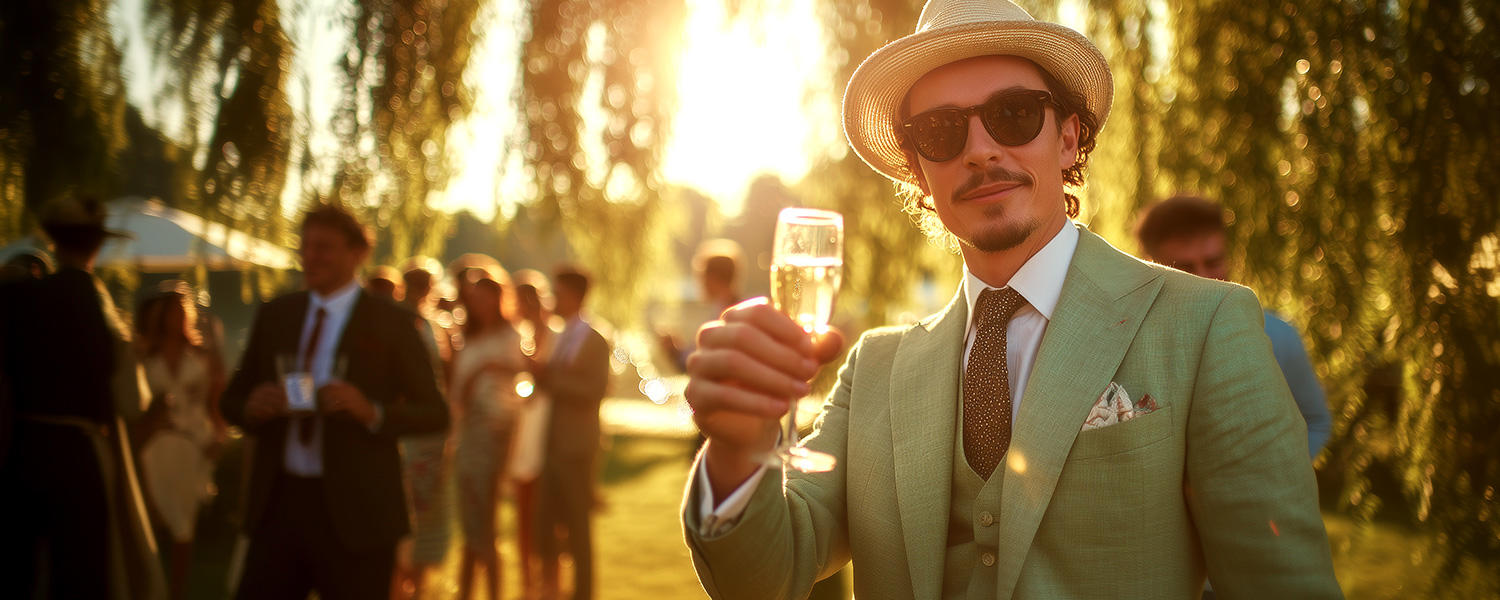 Ein KI-generiertes Bild von einem Mann auf einer Sommerhochzeit. Er trägt einen salbeigrünen Leinenanzug und einen Strohhut. Er hält ein Sektglas in die Kamera.