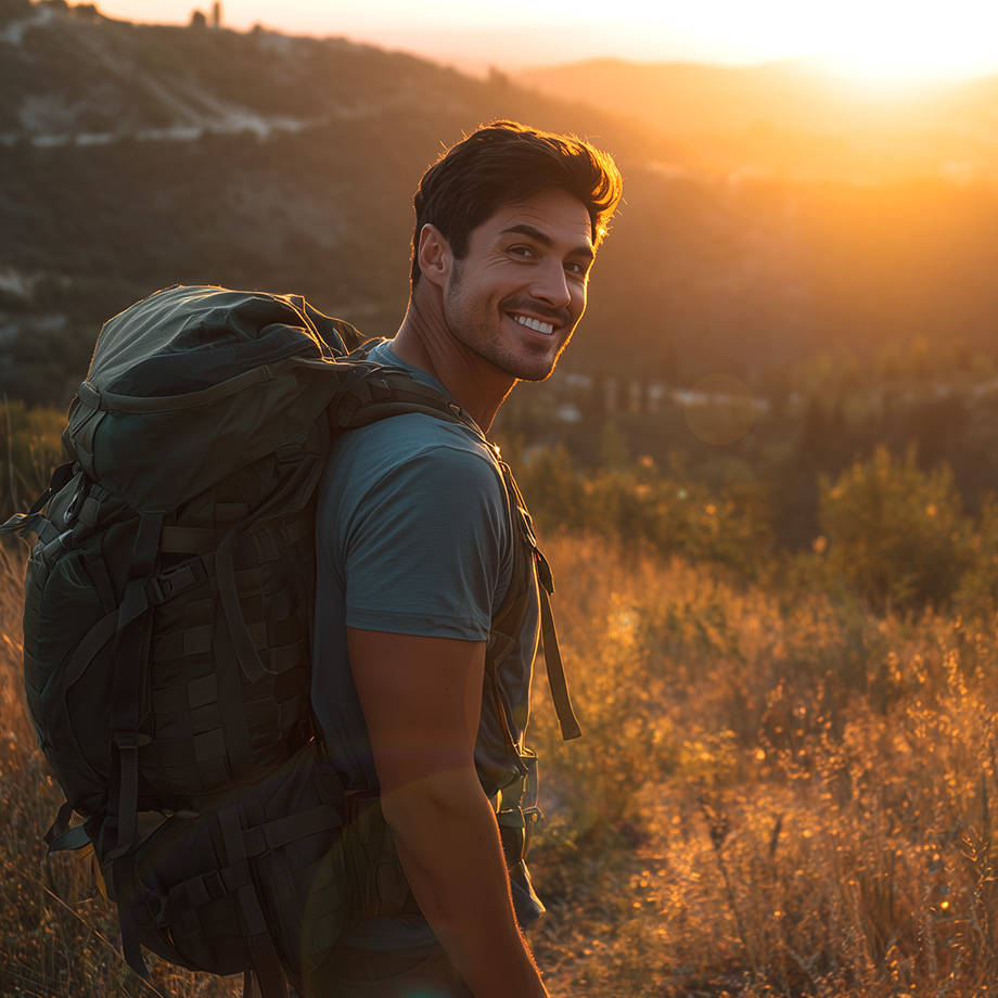 Ein KI-generiertes Bild von einem jungen Mann beim Wandern. Er steht mit einem großen Rucksack vor dem Sonnenuntergang