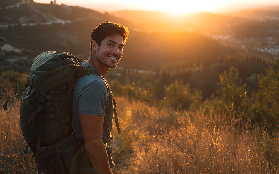 Ein junger Mann bei Sonnenuntergang mit Wander- und Campingausrüstung.