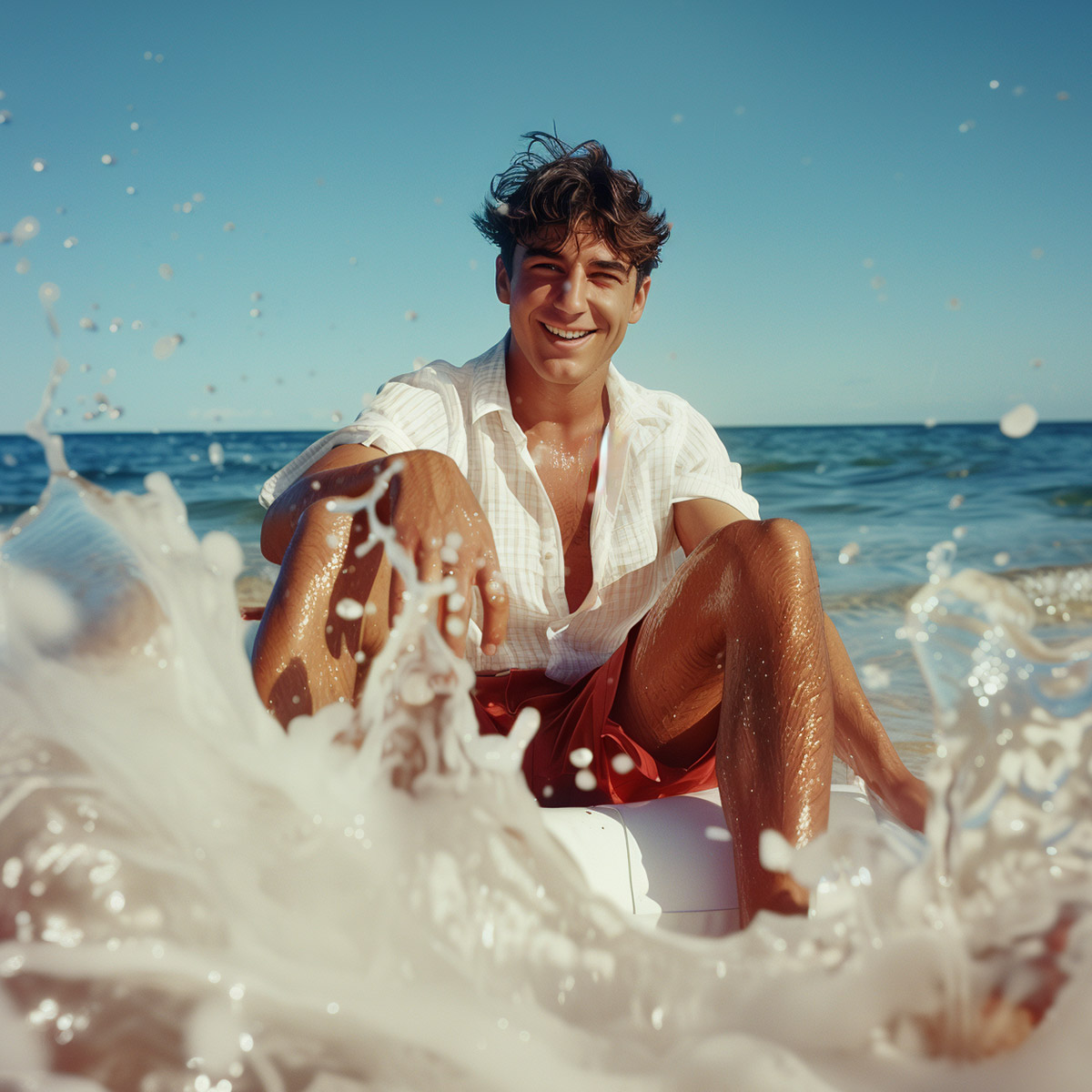 Ein KI-generiertes Bild von einem jungen Mann. Er sitzt auf einem Schwimmreifen im Meer und spritzt Wasser in Richtung des Betrachters. Er trägt ein weißes Sommerhemd und eine rote Badehose.