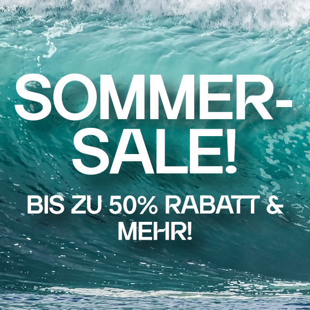 Grafik mit Unterwasseraufnahme in Blautönen. Im oberen Bildbereich steht in großer weißer Schrift „Sommer-Sale“. Darunter „Ab sofort 40 % Rabatt & mehr! Werbegrafik für eine Rabattaktion.