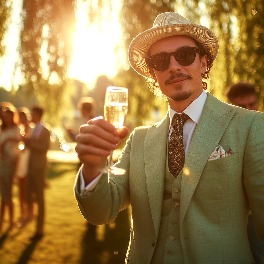 Ein KI-generiertes Bild von einem Mann auf einer Sommerhochzeit. Er trägt einen salbeigrünen Leinenanzug und einen Strohhut. Er hält ein Sektglas in die Kamera.