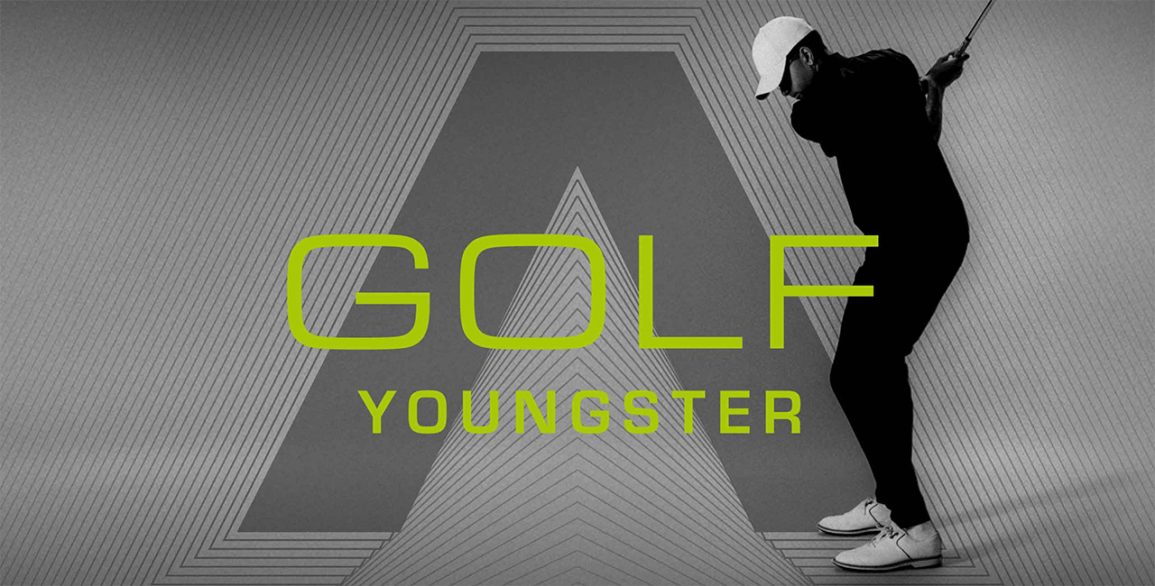 Dynamisches Golfmotiv mit junger Spieler-Silhouette und Schriftzug Golf Youngster – moderne Golfmode für die nächste Generation