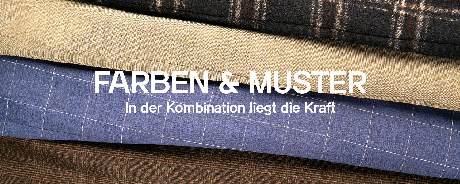 Nahaufnahmen von Stoffen in verschiedenen Farben und Mustern, die übereinanderliegen. Darüber steht die Überschrift „Farben & Muster – In der Kombination liegt die Kraft.“