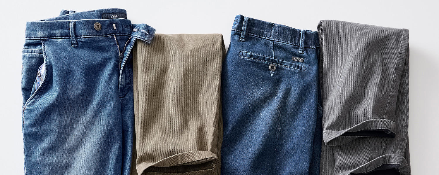 Eurex by Brax Herren Hosen in Denim-Blau, Beige und Grau – komfortable Business- und Freizeitmode für stilvolle Outfits.