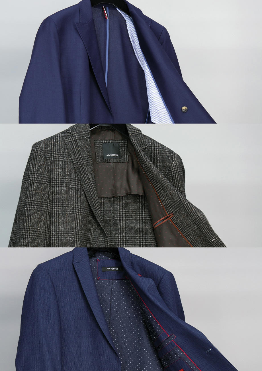 Drei untereinander angeordnete Nahaufnahmen zeigen unterschiedliche Jackett-Innenseiten: 1. Ungefüttertes dunkelblaues Jackett, 2. Halbgefüttertes, kariertes Jackett in dunklen Braun- und Beigetönen, 3. Voll gefüttertes dunkelblaues Jackett. Alle hängen auf Bügeln, eine Seite ist aufgehalten, um das Innenfutter sichtbar zu machen.