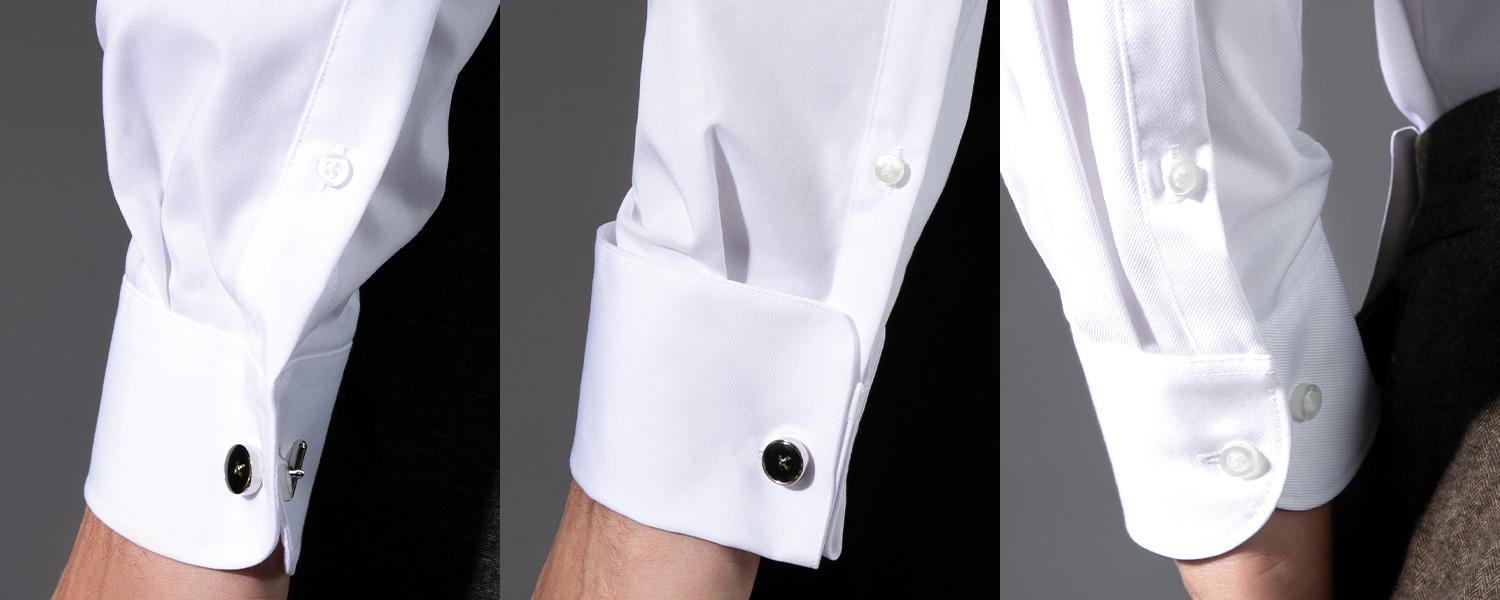 Drei nebeneinander angeordnete Nahaufnahmen von Hemdenärmeln zeigen unterschiedliche Manschettenformen: links eine Kombimanschette, in der Mitte eine Umschlagmanschette und rechts eine Sportmanschette. Der Fokus liegt jeweils auf der Manschette des getragenen Hemds.