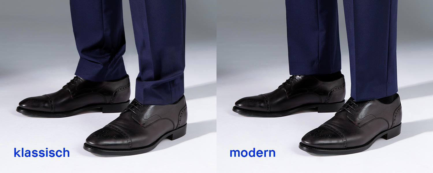 Zwei nebeneinander angeordnete Nahaufnahmen zeigen unterschiedliche Anzughosen-Längen vor weißem Studiohintergrund: links die klassische Variante, bei der die dunkelblaue Hose auf dem schwarzen Schuh aufliegt und eine Falte bildet, rechts die moderne Variante, bei der die Hose am Knöchel endet und die Socken sichtbar sind.