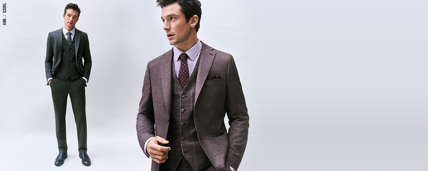 Zweiteiliger Anzug in Braun und Grau – stilvolle Business- und Hochzeitslooks mit Weste und Krawatte.