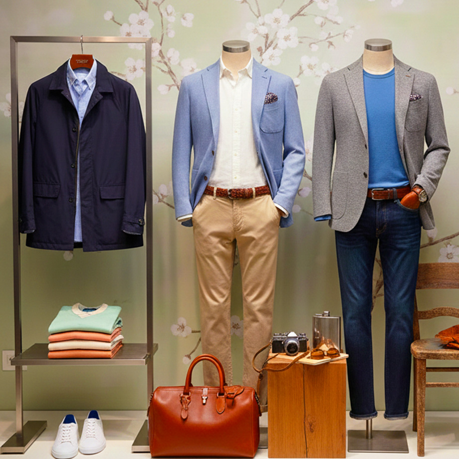 Navyblauer Mantel mit hellblauem Hemd, hellblauer Blazer mit beigem Chino, grauer Blazer mit blauem Pullover und Jeans.