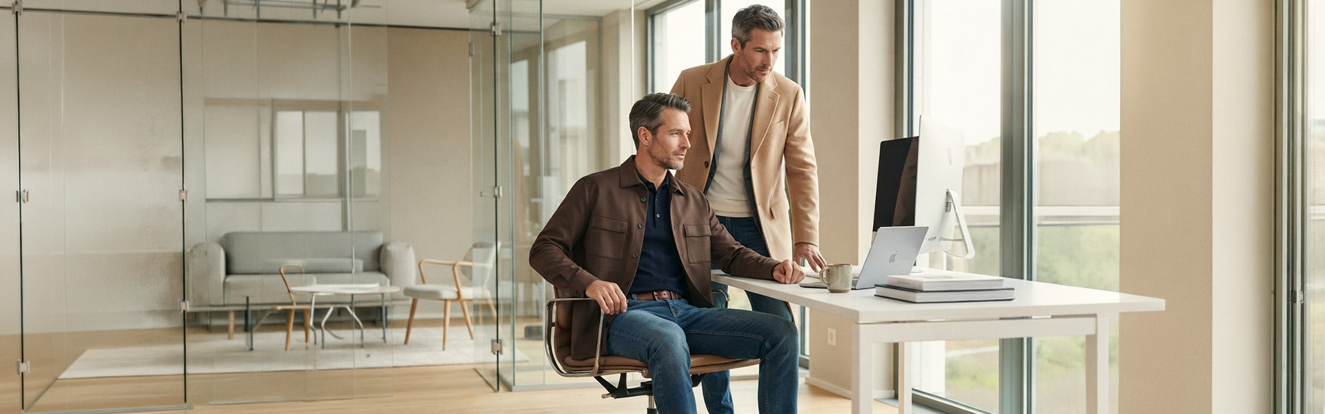 Mann in brauner Lederjacke und beiges Sakko mit weißem Shirt im modernen Büro, Business-Casual-Look