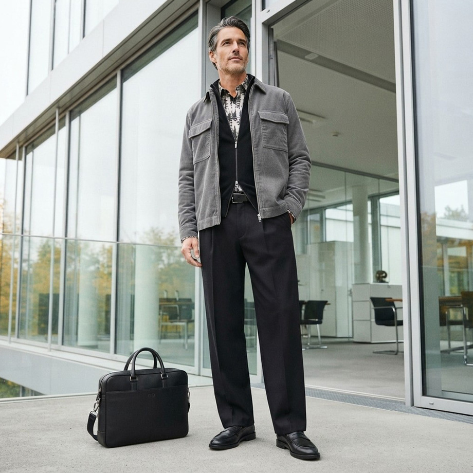 Mann in grauer Overshirt-Jacke mit gemustertem Hemd und schwarzer Hose, Business-Casual-Look vor Bürogebäude