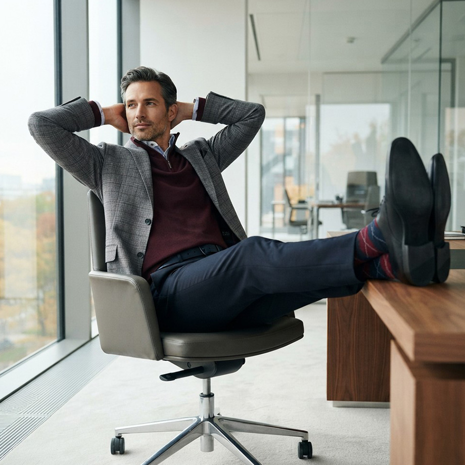 Mann in grauem Sakko mit bordeauxrotem Pullover und Hemd, Business-Casual-Look im Büro
