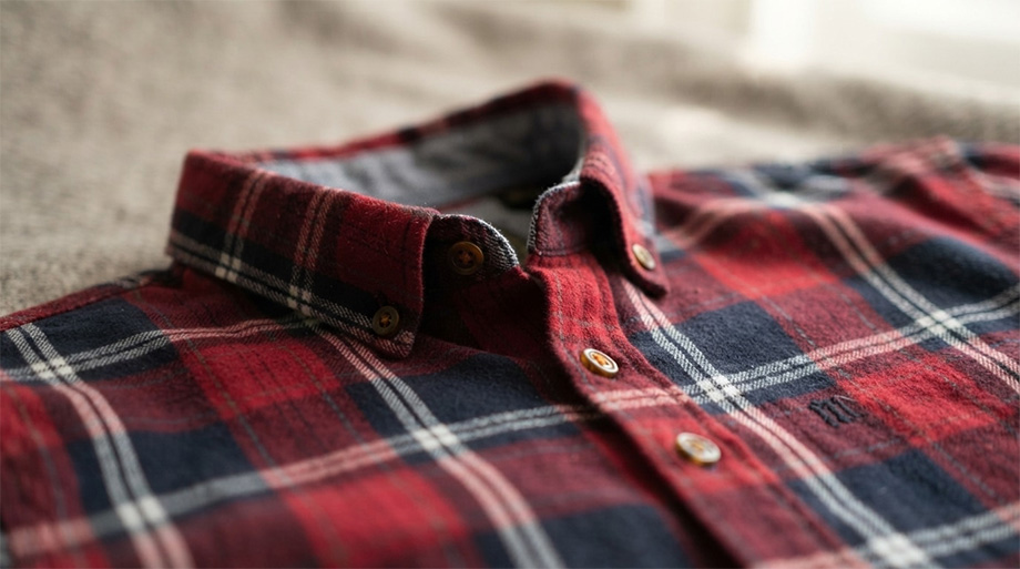 Kariertes Flanellhemd in Rot-Blau mit Button-Down-Kragen, Detailansicht Knopfleiste