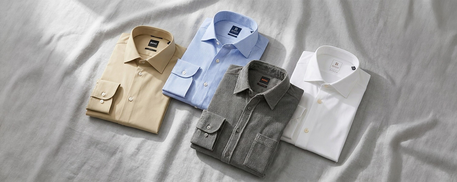 Business-Hemden in Beige, Blau gestreift, Grau gestreift und Weiß, gefaltet mit Brusttasche