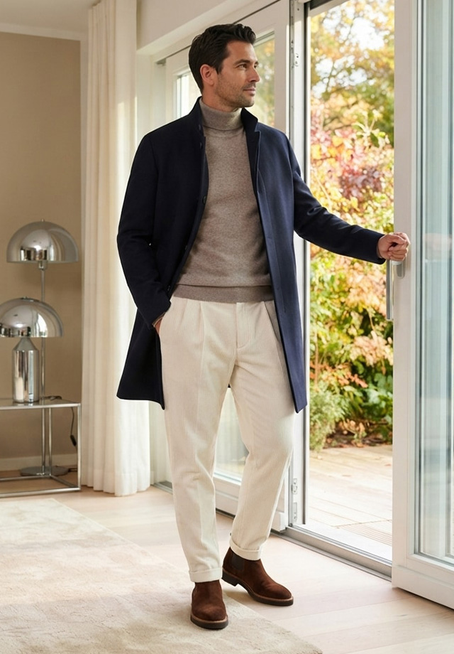 Mann in marineblauem Mantel über beigem Rollkragenpullover und cremefarbener Chino-Hose am Fenster