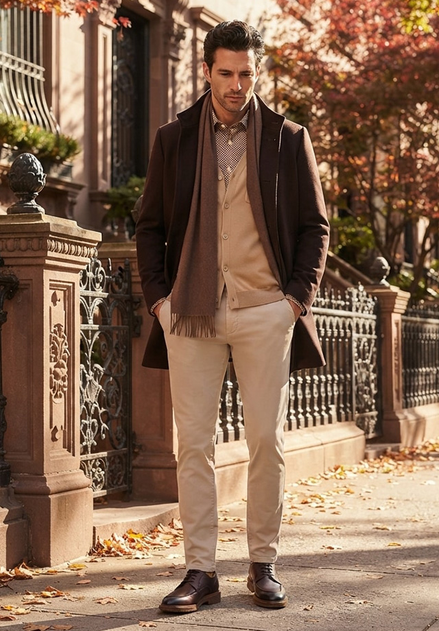 Mann in beigem Cardigan mit Schal und schwarzem Mantel, elegante Herbst-Freizeitmode