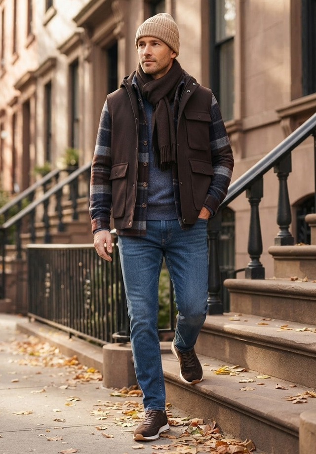 Mann in brauner Steppweste über blauem Strickpullover und Jeans, mit beiger Strickmütze in urbaner Herbstkulisse