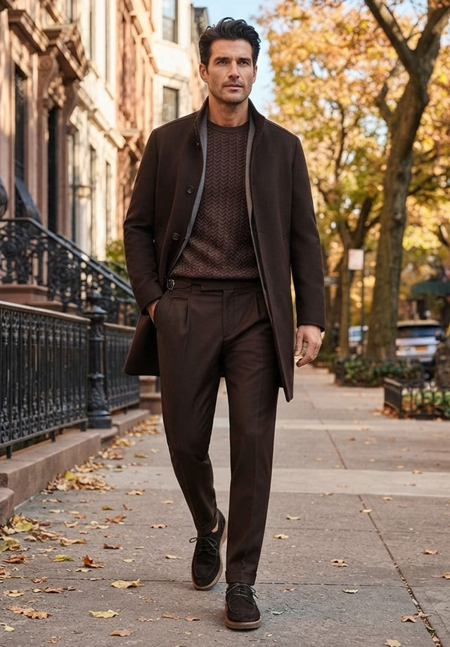 Mann in braunem Wollmantel mit Strickpullover und Anzughose, Business-Casual-Outfit für Herbst