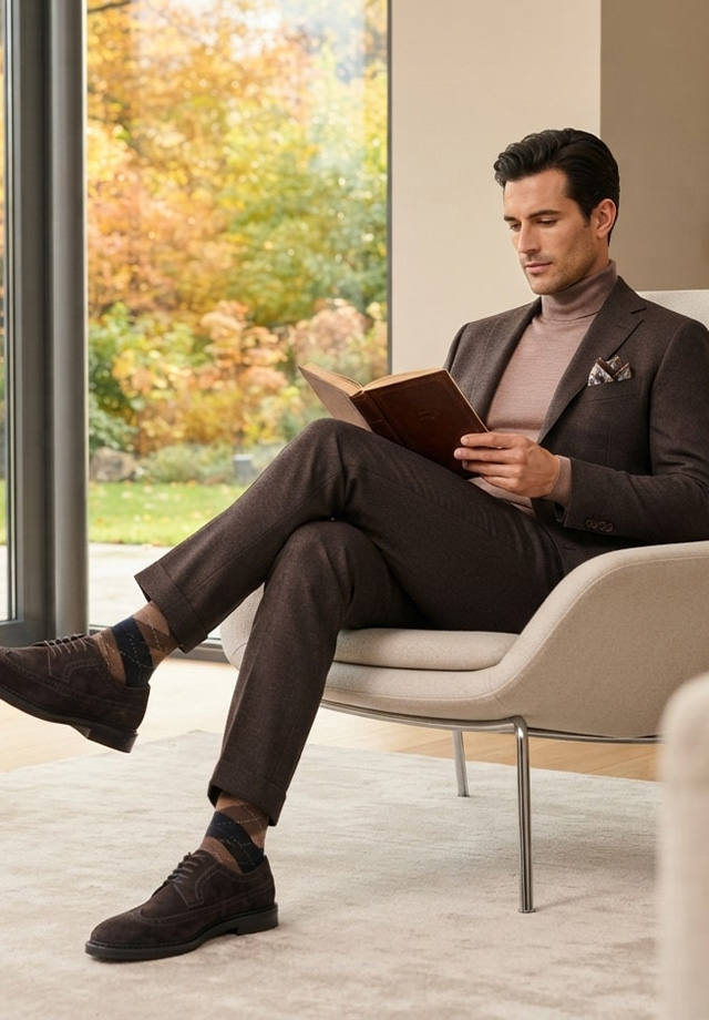 Mann in braunem Anzug mit beigem Rollkragenpullover, lesend im Sessel, Business-Casual-Outfit
