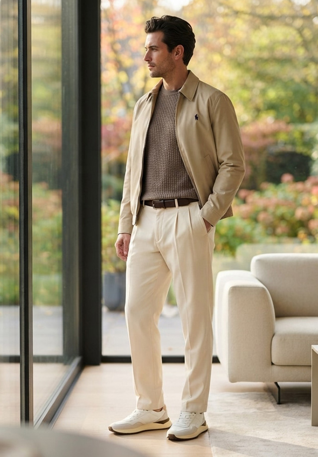 Mann in beiger Jacke mit beigem Strickpullover und cremefarbener Bundfalten-Hose, Business-Casual-Outfit am Fenster