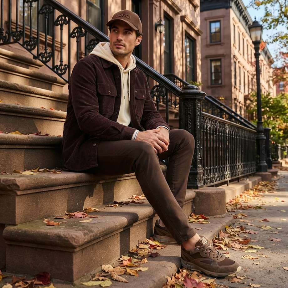 Mann in brauner Cord-Hemdjacke mit beigem Hoodie und Chino-Hose, Casual-Look auf Stadttreppe