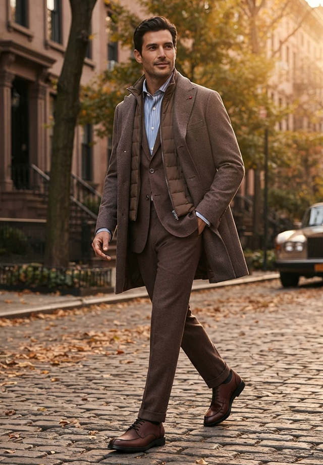Brauner Wollmantel mit Anzug und Hemd, Business-Casual-Look für Herbst