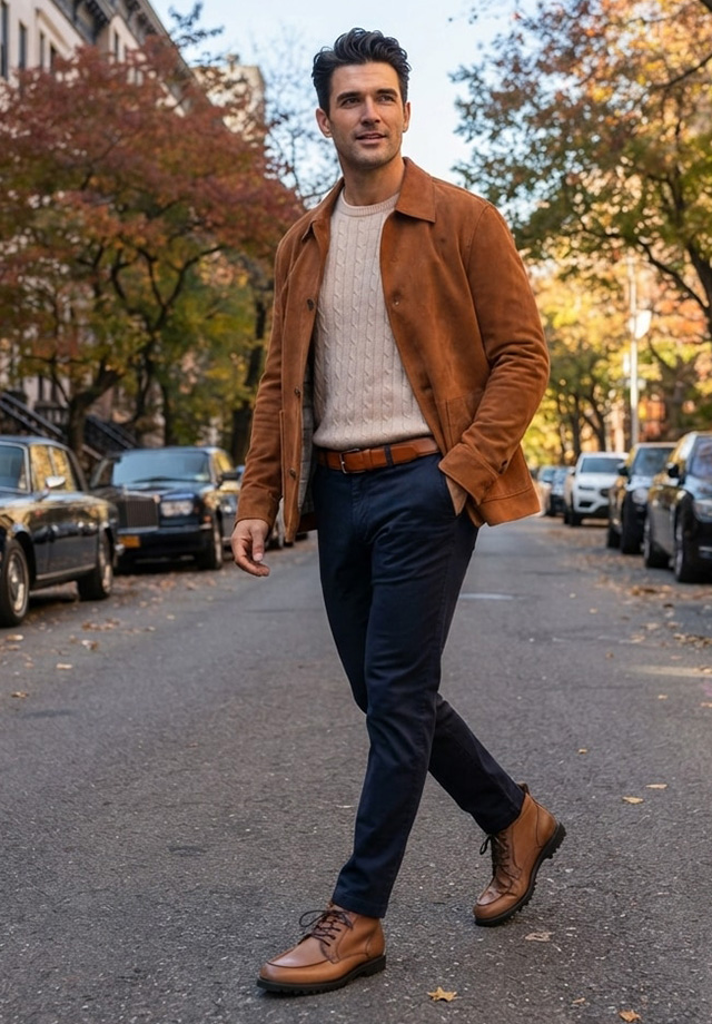 Mann in cognacfarbener Wildlederjacke, beigem Zopfmuster-Pullover und dunkler Chino-Hose, elegant-legere Herbstmode