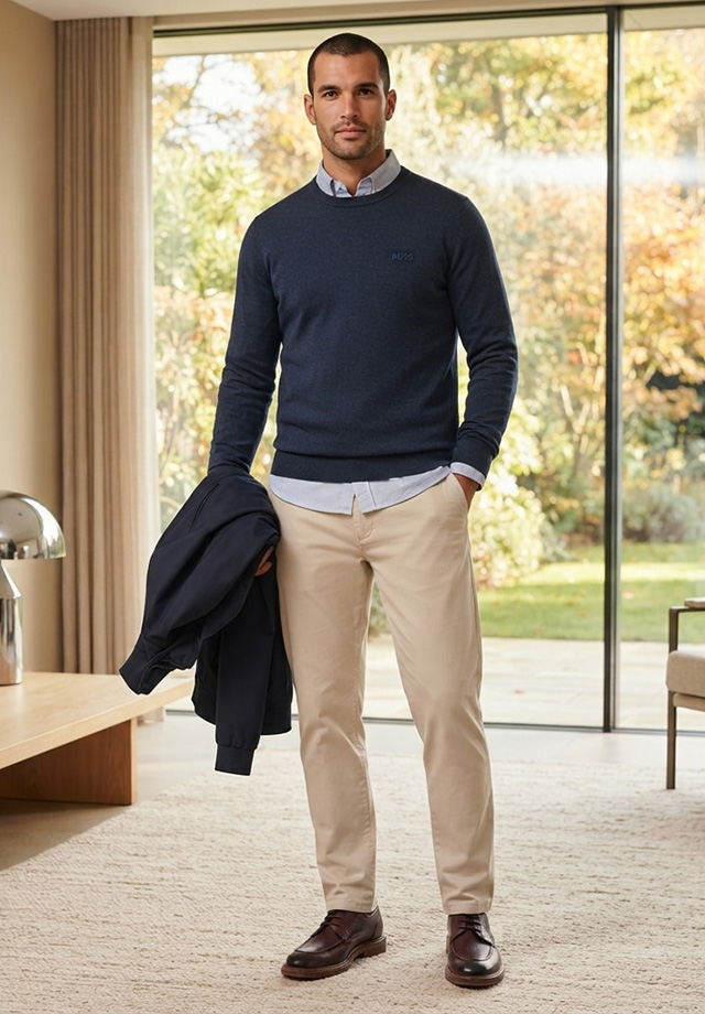 Mann in marineblauem Rundhals-Pullover über hellblauem Hemd mit beiger Chino-Hose, Business-Casual-Look