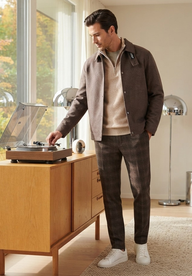 Mann in beiger Strickjacke mit Reißverschluss, braune Jacke und karierte Wollhose, Freizeitoutfit im Wohnbereich
