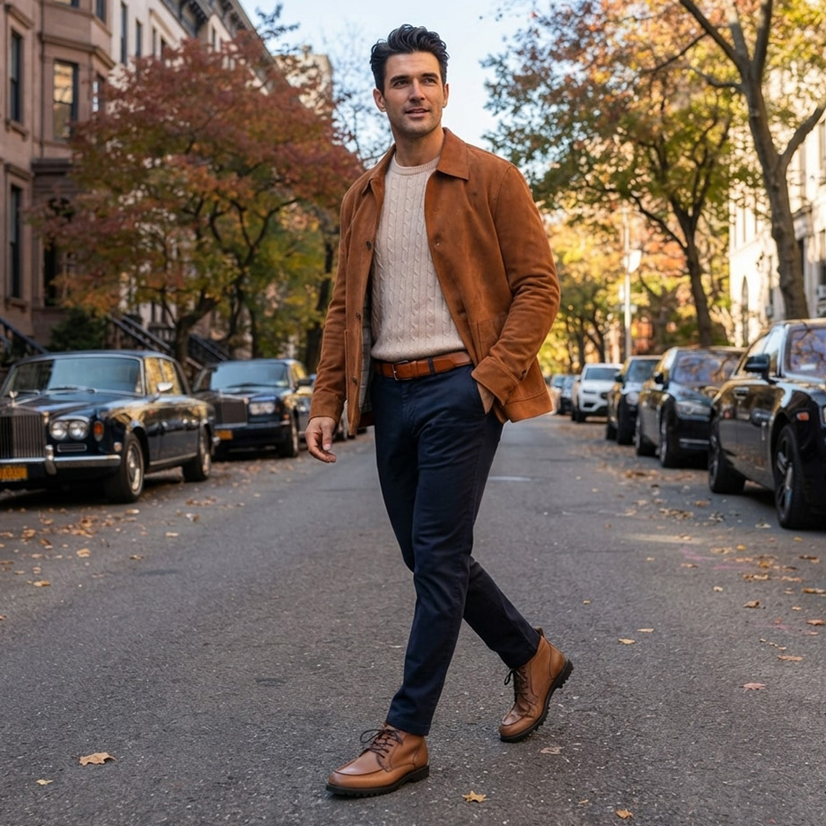 Mann in beiger Strickjacke über Zopfmusterpullover mit dunkler Chino, Business-Casual-Outfit im Herbst