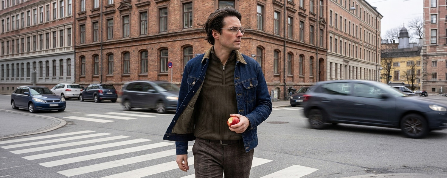 Mann in Jeansjacke mit olivgrünem Strickpullover und brauner Hose in städtischer Umgebung