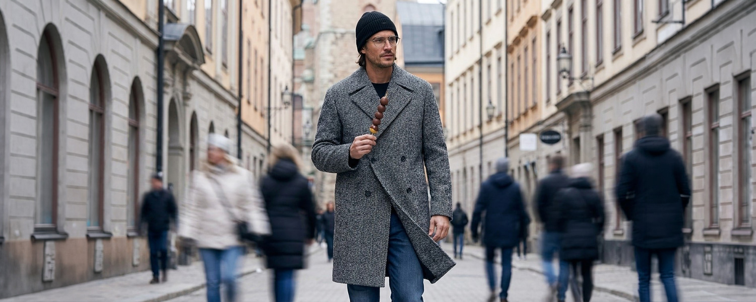 Mann in grauem Wollmantel mit Strickmütze in urbaner Straßenszene, Herbst-Winter-Look
