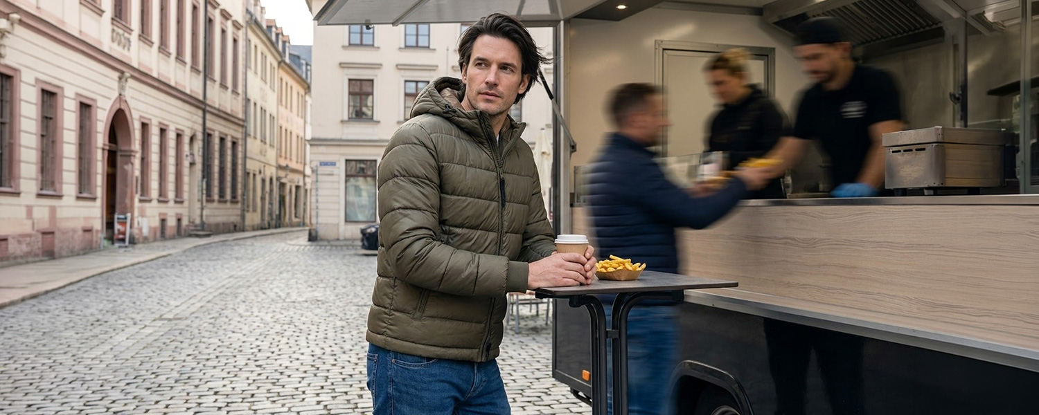 Mann in olivgrüner Steppjacke mit Kapuze und Jeans am Imbissstand in der Stadt