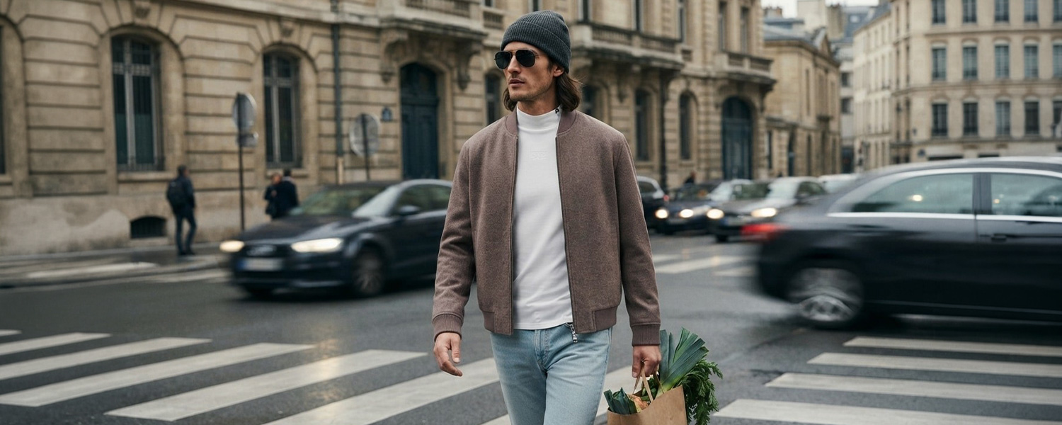 Mann in beiger Blouson-Jacke mit weißem Rollkragenpullover und Jeans in städtischer Umgebung