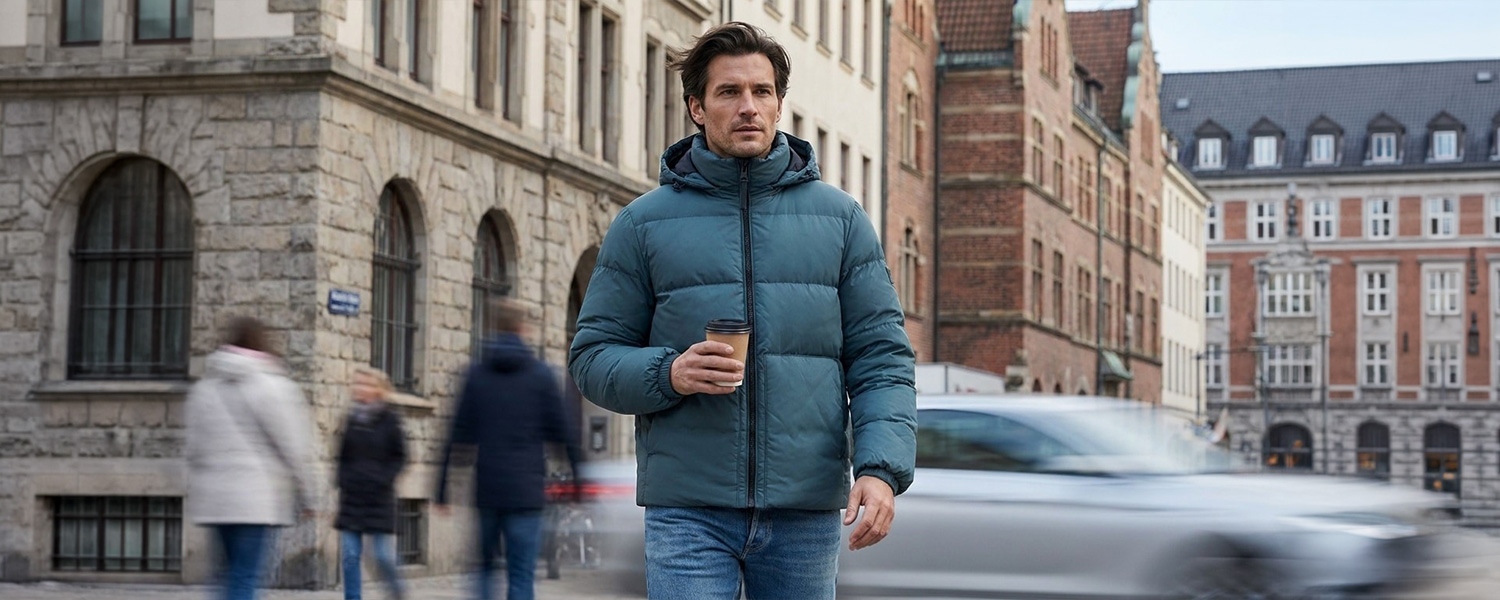 Mann in petrolblauer Steppjacke mit Kapuze und Jeans, winterliche Freizeitmode in der Stadt