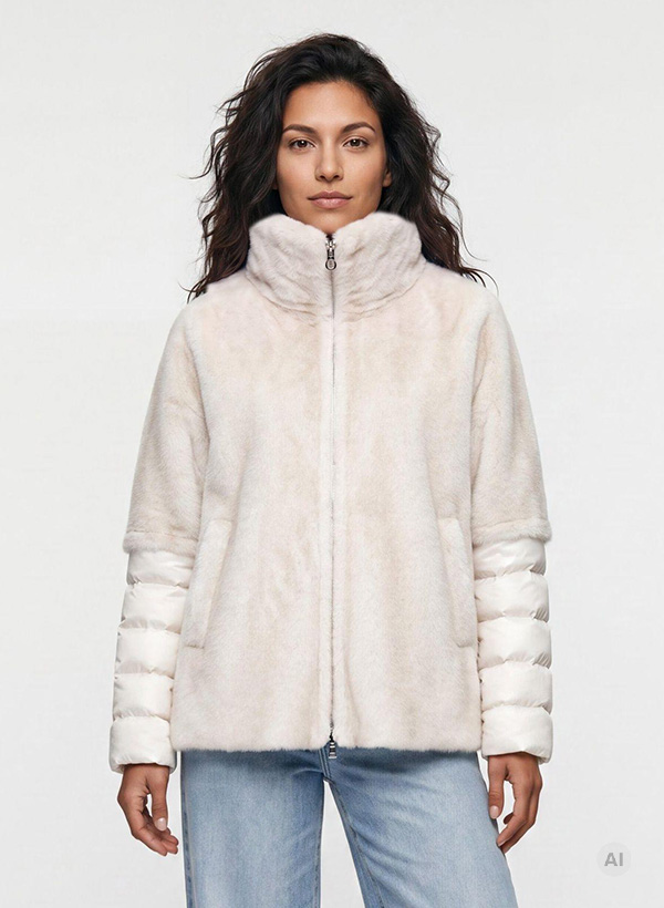 Beige Fleecejacke mit Steppärmel und Reißverschluss, kombiniert mit Jeans