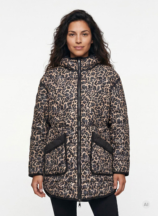Steppjacke mit Leoparden-Muster in Beige-Schwarz, Kapuze und Reißverschluss, Wintermode für Damen