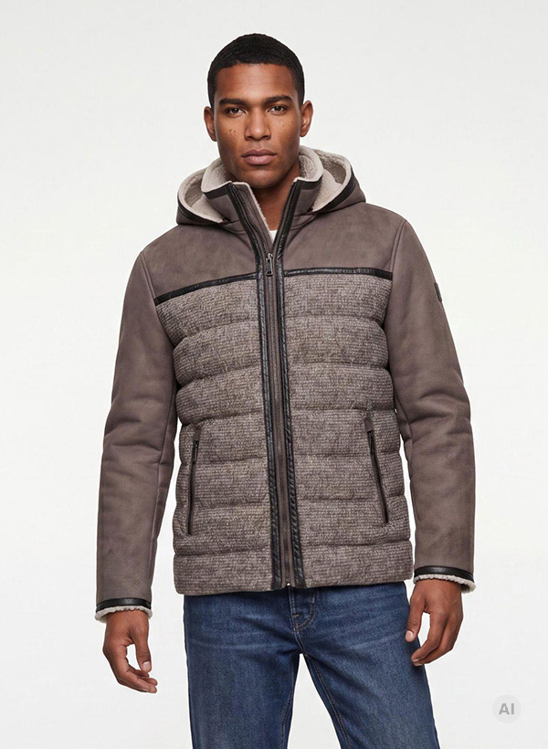 Mann in brauner Steppjacke mit Kapuze und Struktur-Mix, kombiniert mit Jeans