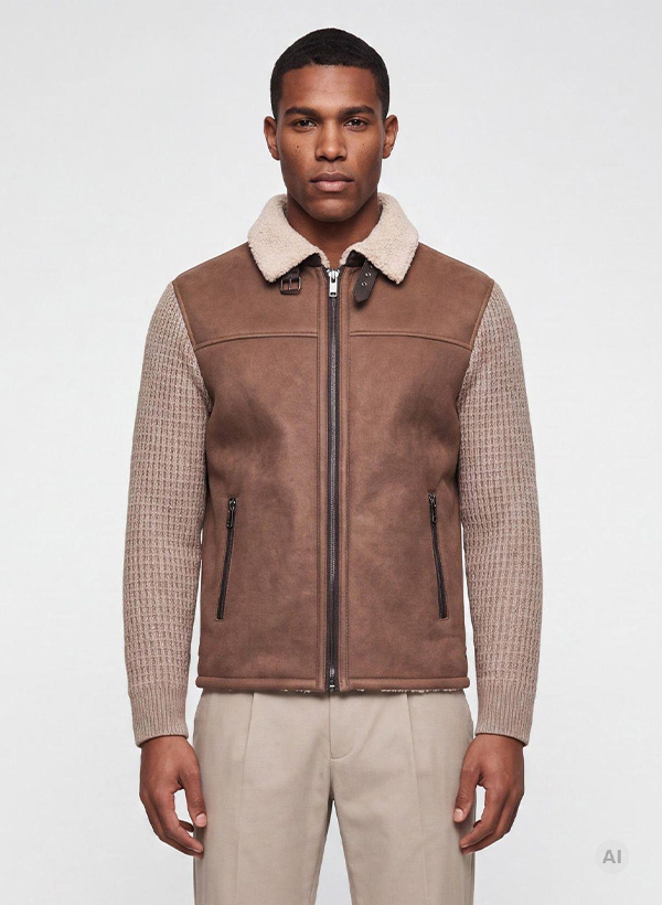 Mann in brauner Lammfellweste mit beigem Strickpullover und Chino-Hose, klassische Herrenjacke mit Reißverschluss