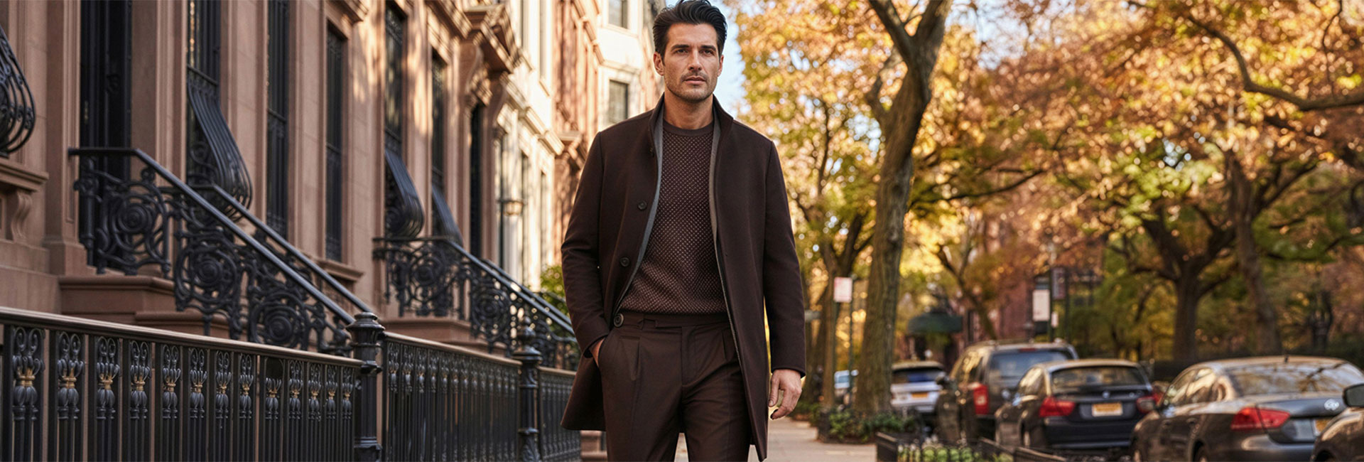 Mann in braunem Wollmantel über gemustertem Pullover, Business-Casual-Outfit in städtischer Herbstkulisse